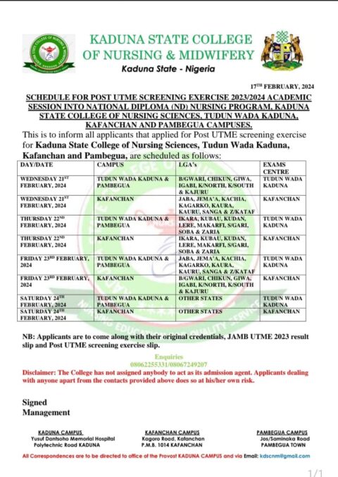 SCHEDULE FOR POST-UTME SCREENING EXERCISE 2023/2024 ACADEMIC » Kaduna ...